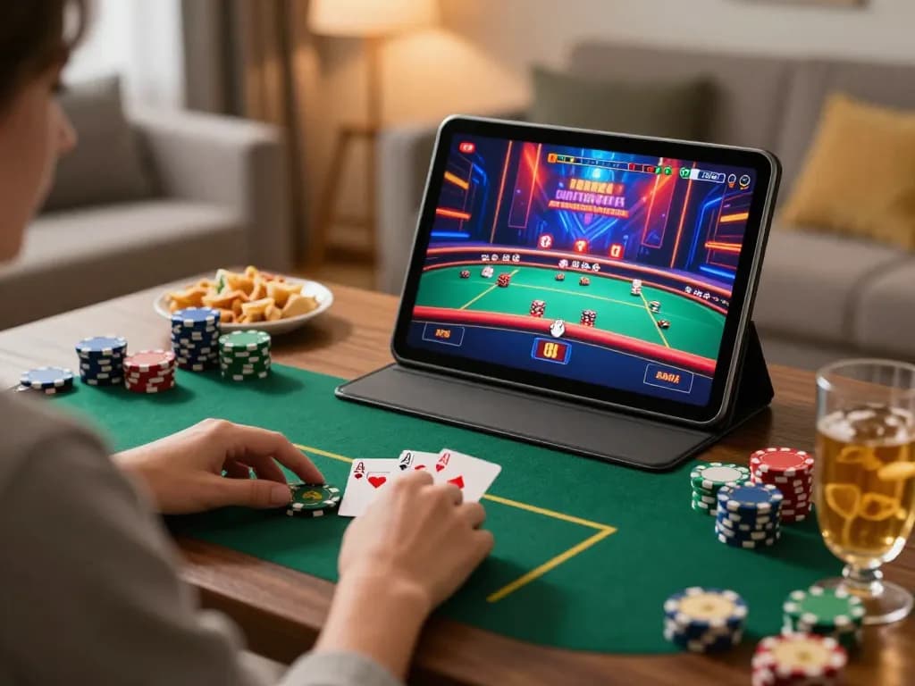 Player using 388bet to enjoy a lively online poker game at home, showcasing responsible gambling atmosphere