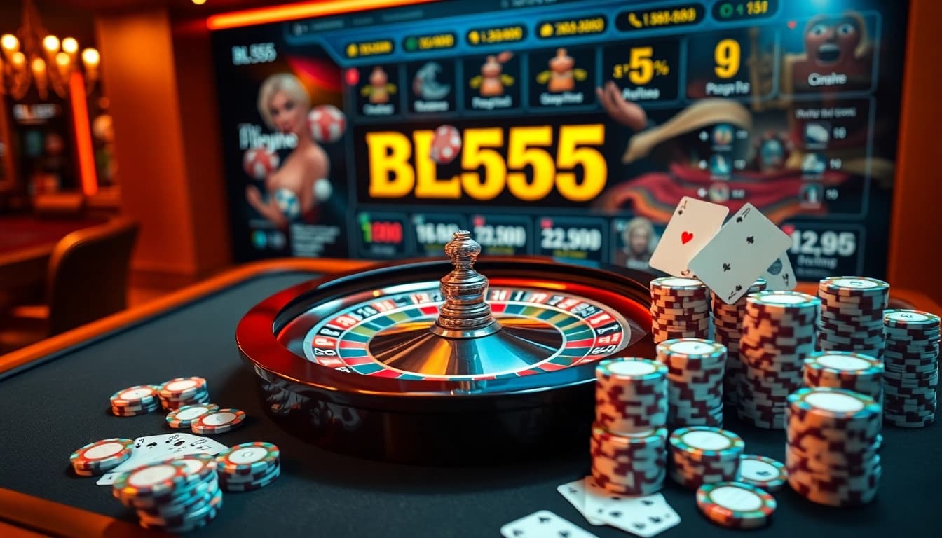 Experience thrilling bets at BL555, featuring a vibrant roulette table and colorful chips.