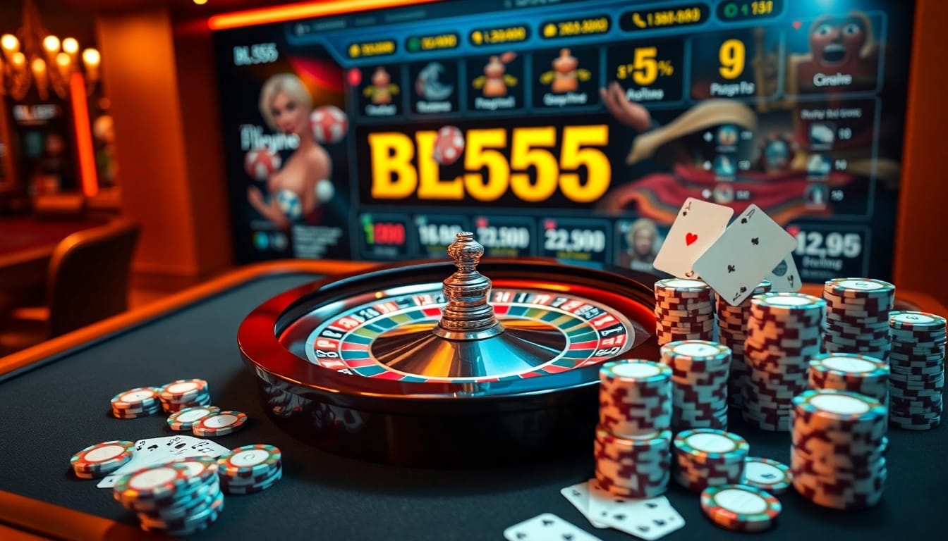Experience thrilling bets at BL555, featuring a vibrant roulette table and colorful chips.