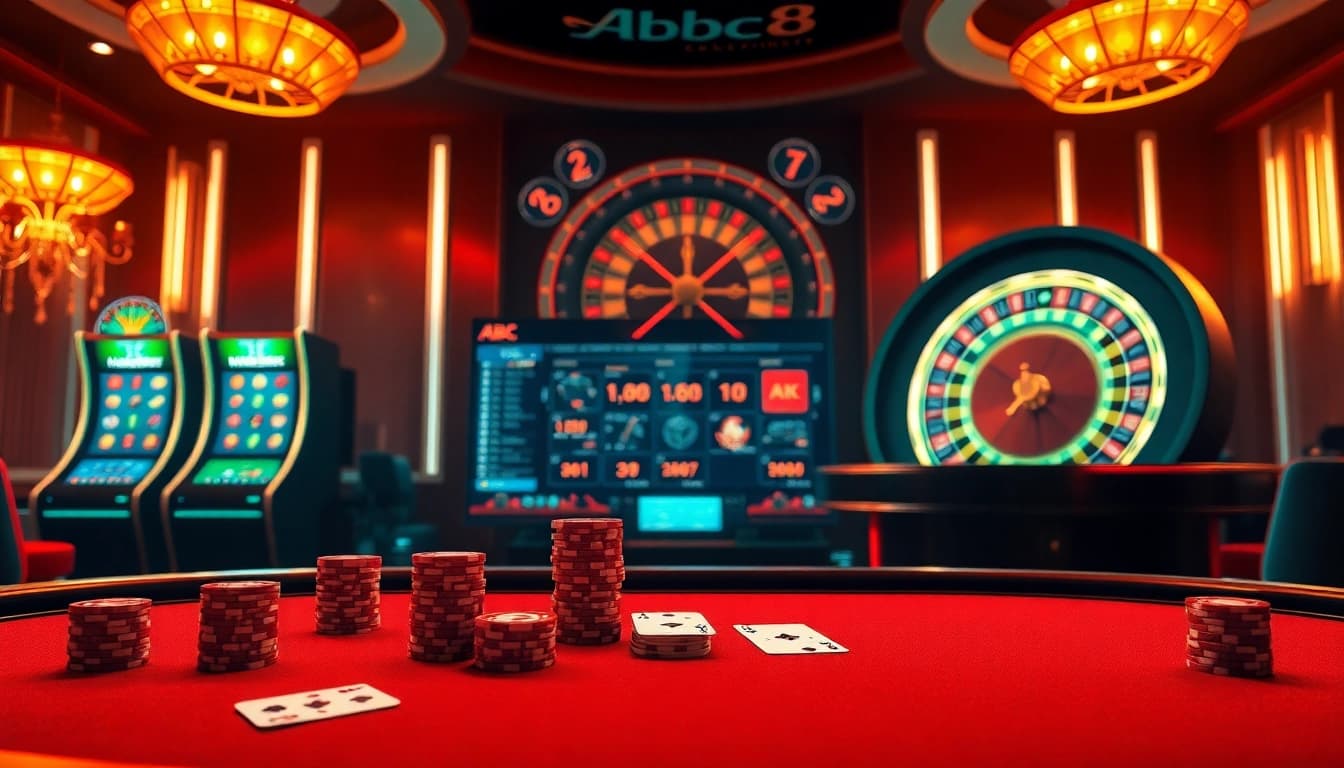 ABC8 betting interface highlights luxury poker and jackpot slots in an exciting casino atmosphere.