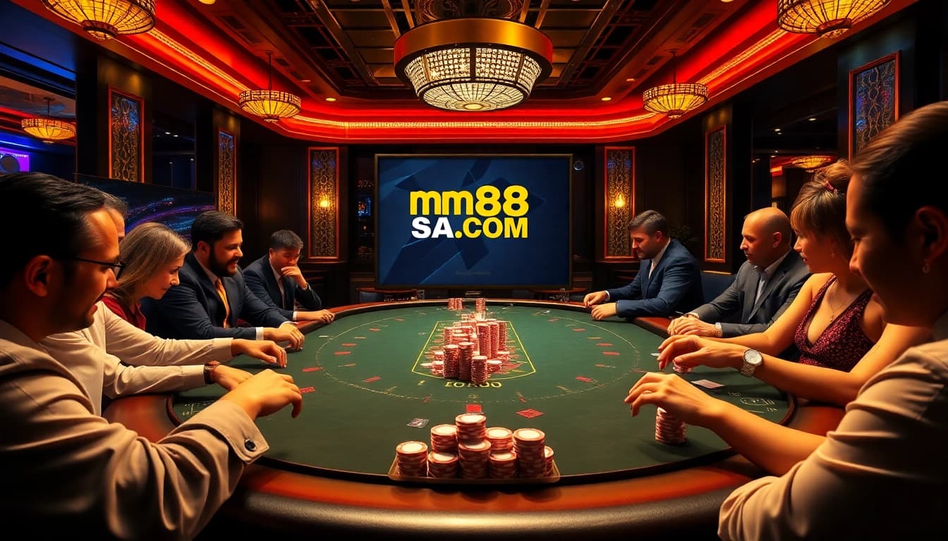Players engaging at a poker table while enjoying mm88 sa com for online gambling excitement.