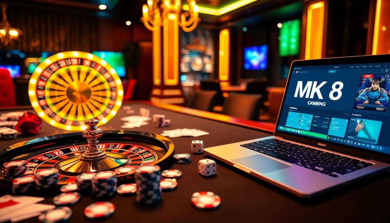 Experience thrilling MK 8 gameplay with dynamic casino action and vibrant poker chips on display.