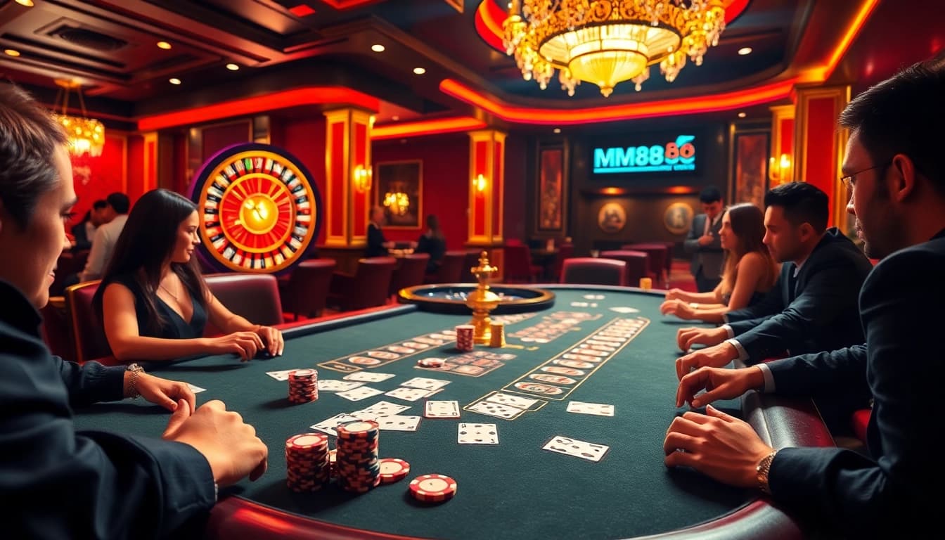 MM88 casino players engage in a thrilling poker game, showcasing chips and cards.