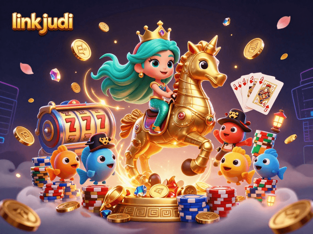 Experience thrilling wins with link judi in this vibrant casino-themed illustration showcasing slots and jackpots.