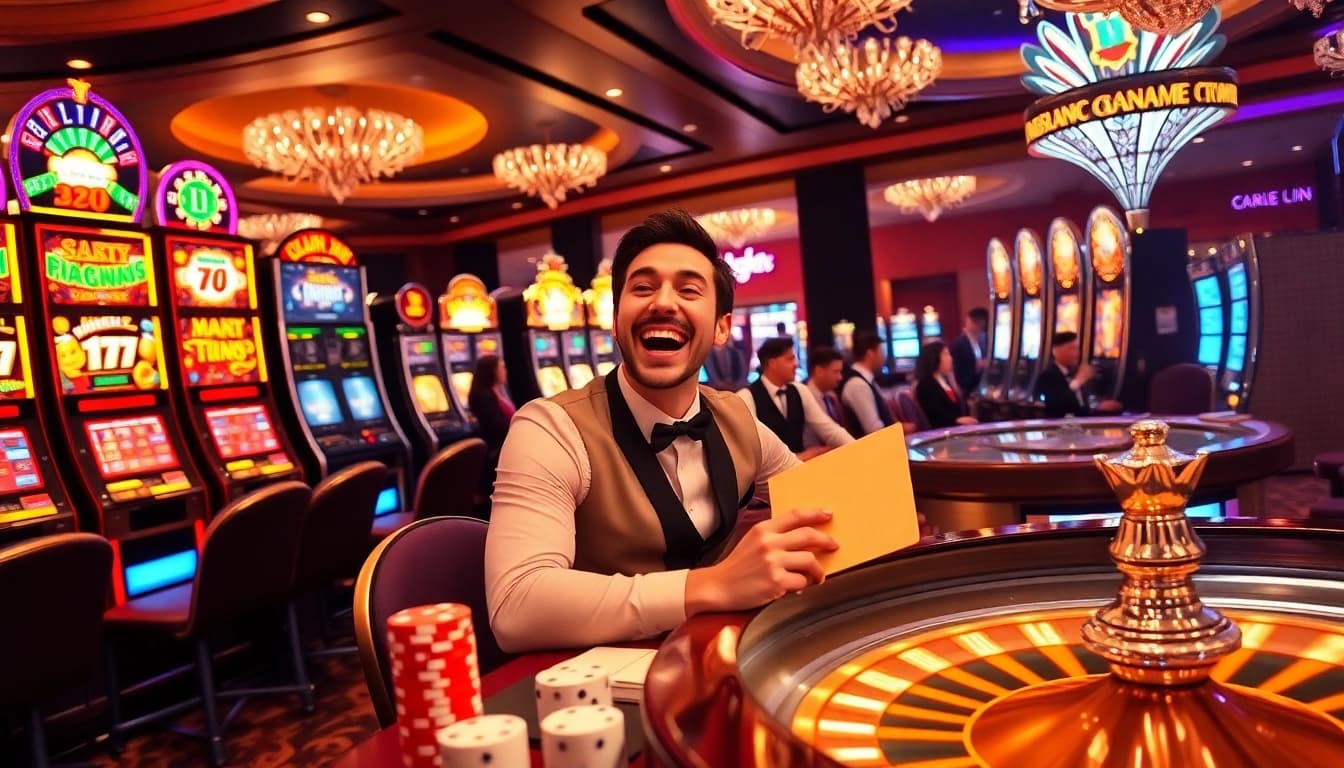 Experience the thrill of slot gacor hari ini with a vibrant casino scene featuring excited players and dazzling machines.