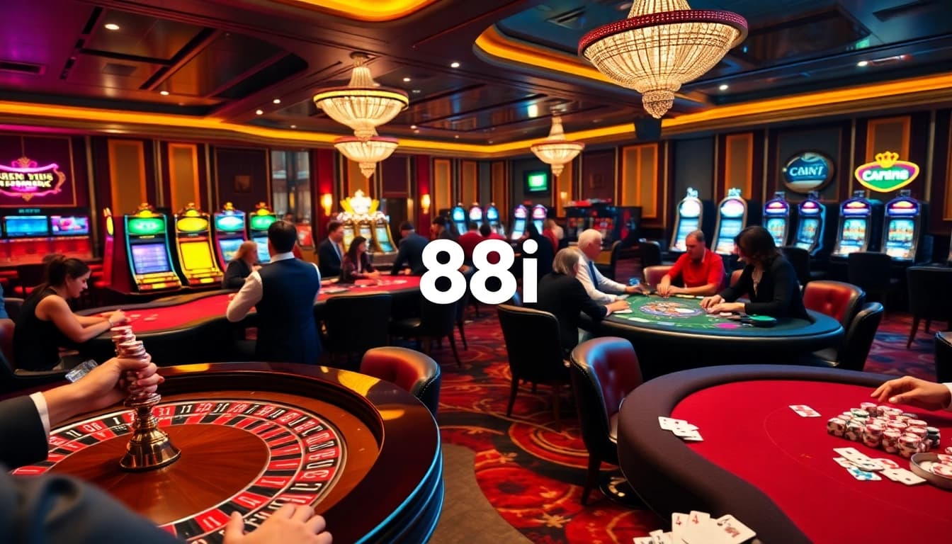 Players revel in thrilling games at 88i's luxurious casino, filled with excitement and vibrant lights.