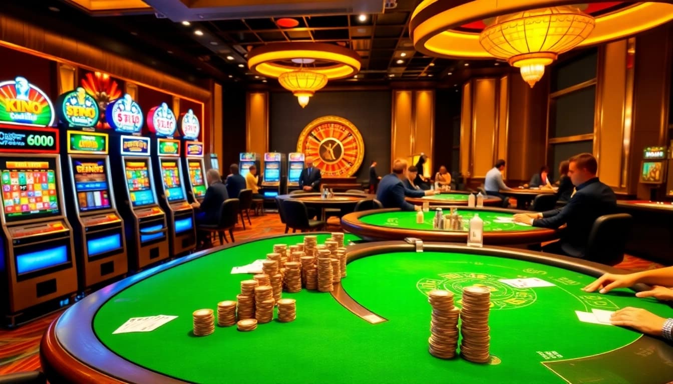 Players strategizing at the 669bet casino tables with vibrant slot machines in the background.
