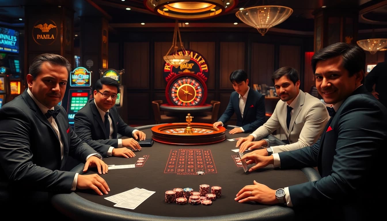 Pahala4d players engaged in an intense poker game at a luxurious casino table.
