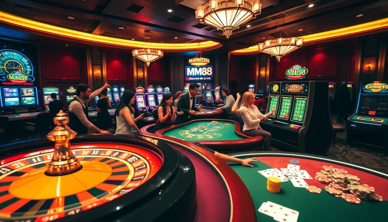Experience excitement at MM88 with vibrant casino visuals, including roulette and cards.