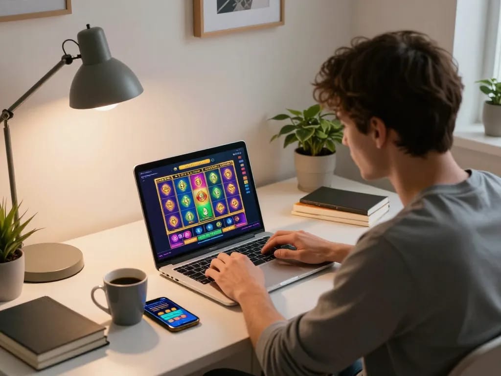 Engaging slot online gameplay scene in a cozy home setting, focused player with laptop and smartphone.