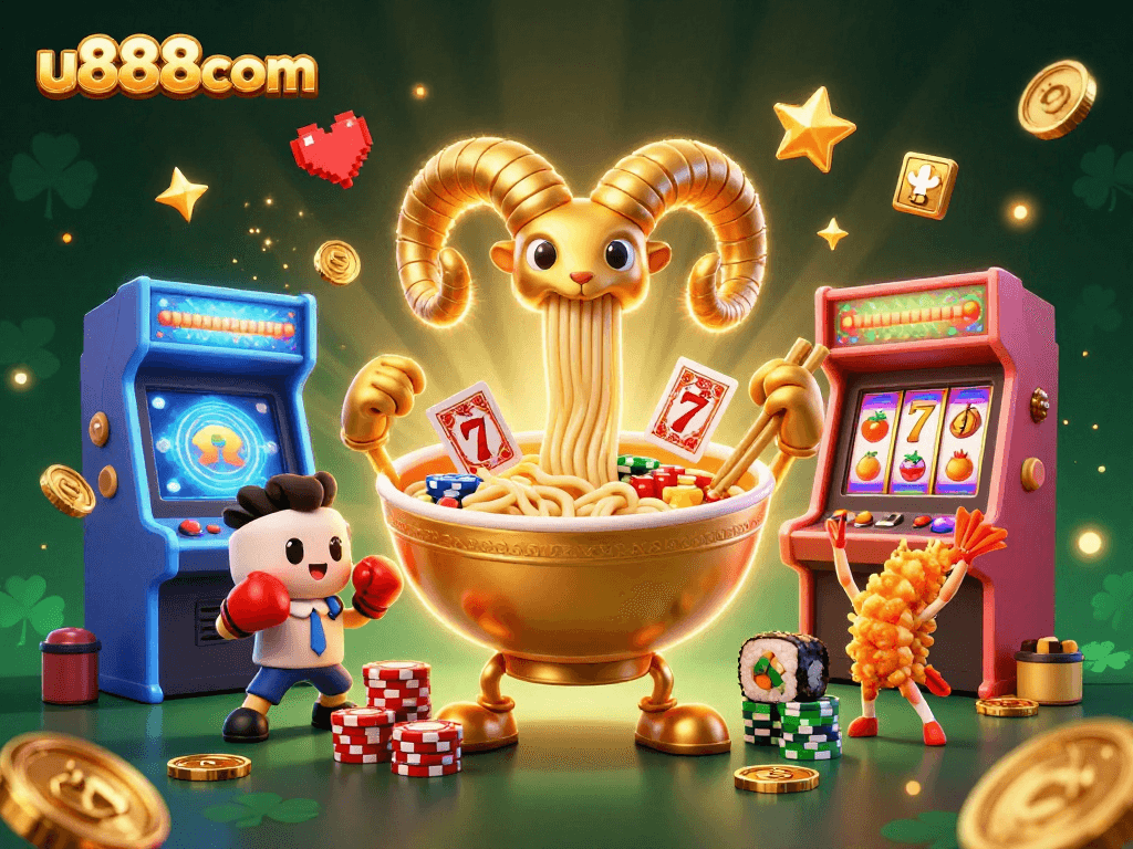 Experience the excitement of slots at u888com with a vibrant 3D illustration of engaging casino characters.