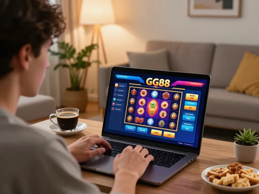 Player enjoying immersive GG88 slot games on a laptop in a cozy home setting.