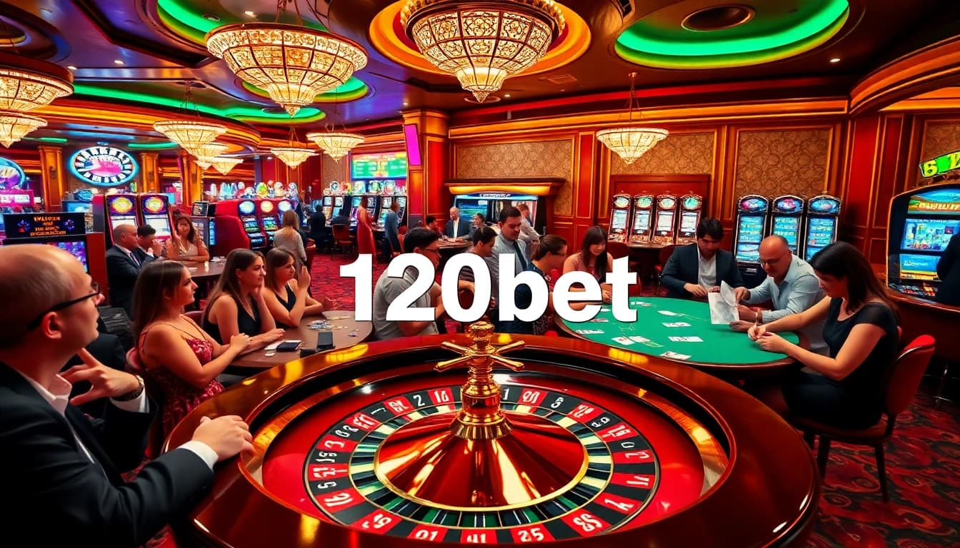 Engaging casino scene showcasing diverse games at 120bet, featuring a roulette table and excited players.