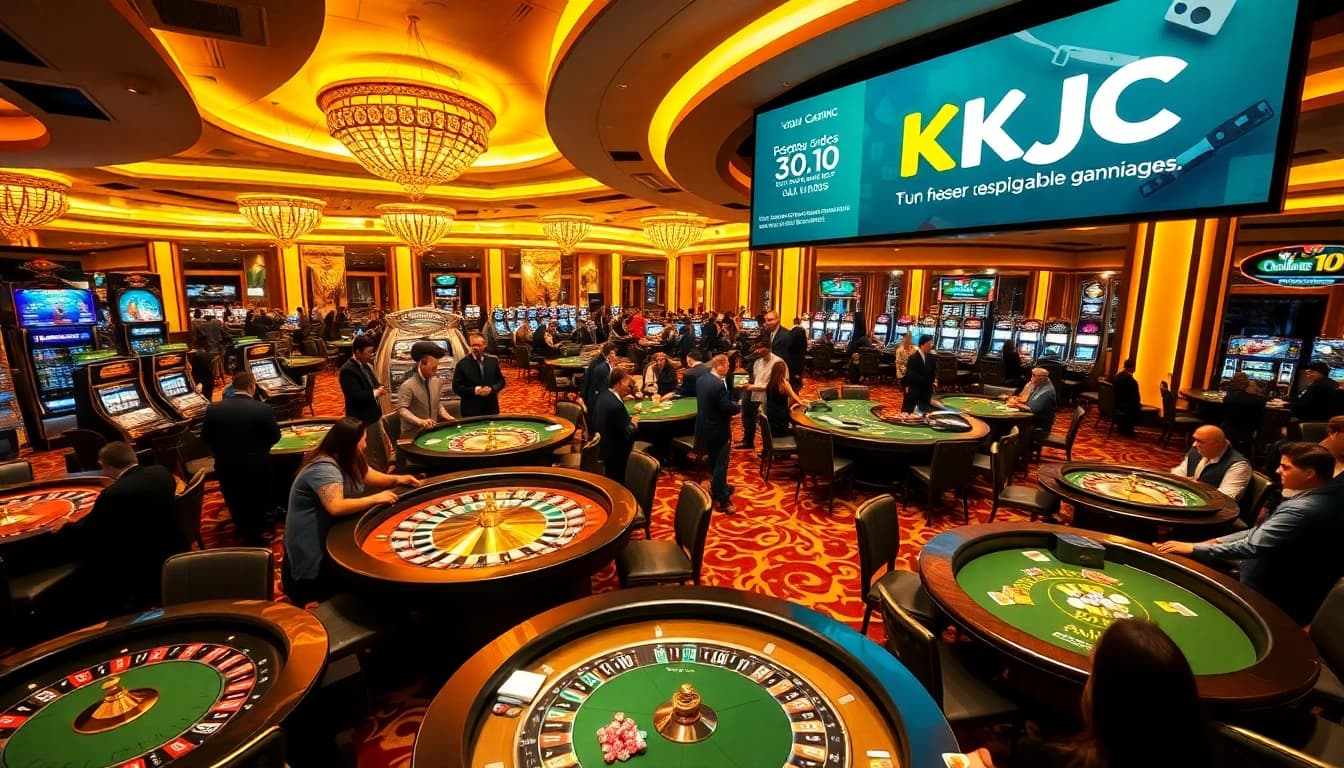 KJC showcases thrilling casino action with players at roulette and blackjack tables under luxurious lighting.