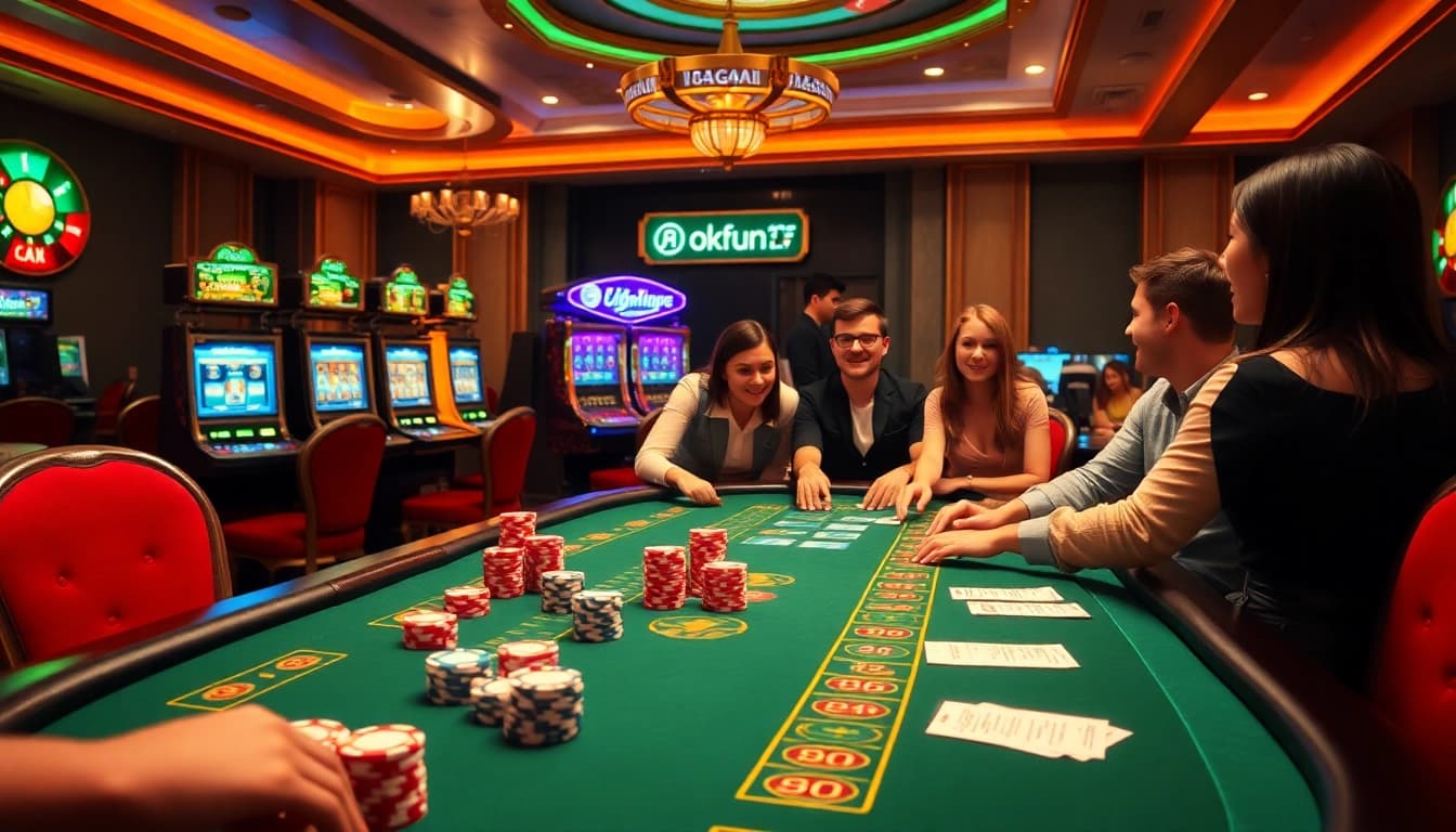 Players enjoying thrills at Okfun casino with vibrant slot machines and poker chips.