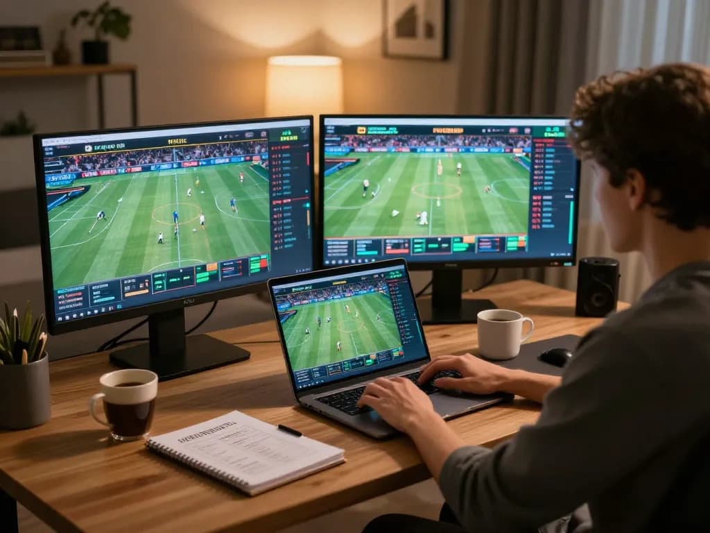 Engaging online sports betting scene with m119 strategies on laptop screen in a cozy office.