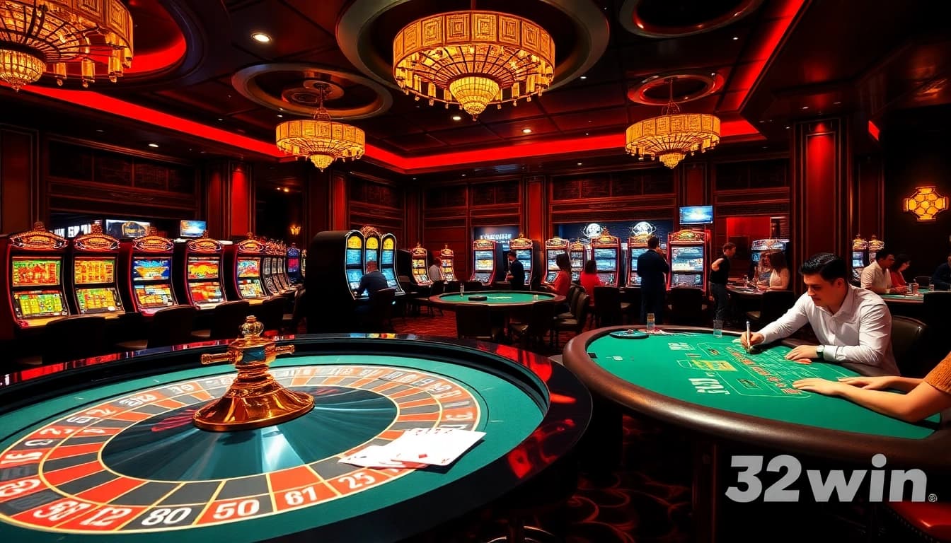 Casino players enjoying high-stakes games at 32win with roulette and poker tables.
