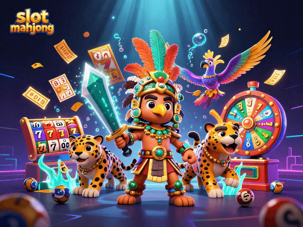 Engage with slot mahjong action surrounded by vibrant casino elements in a dynamic illustration.
