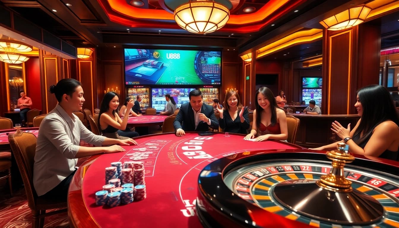 Players enjoying U888 casino games at a luxurious table with poker chips and cards.