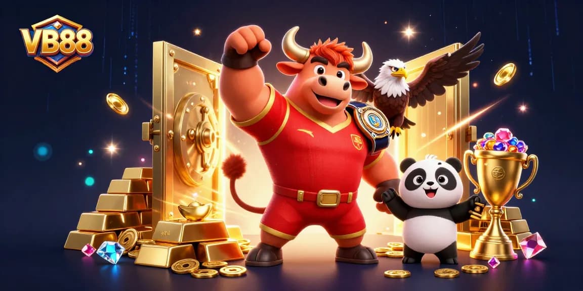 Engage with VB88's vibrant casino experience through a thrilling 3D illustration showcasing dynamic characters.