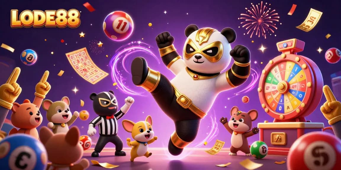 Engage with LODE88 as the wrestling panda kicks while animal spectators cheer at an exciting online casino scene.