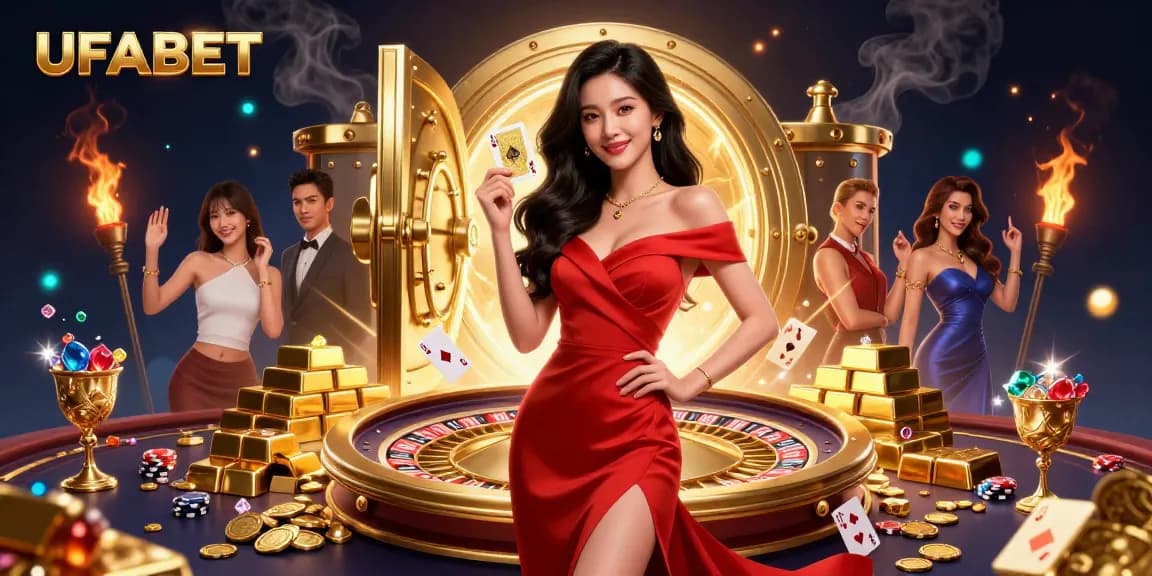 Experience thrilling wins at UFABET with a stunning Asian woman posing by a dazzling roulette wheel.