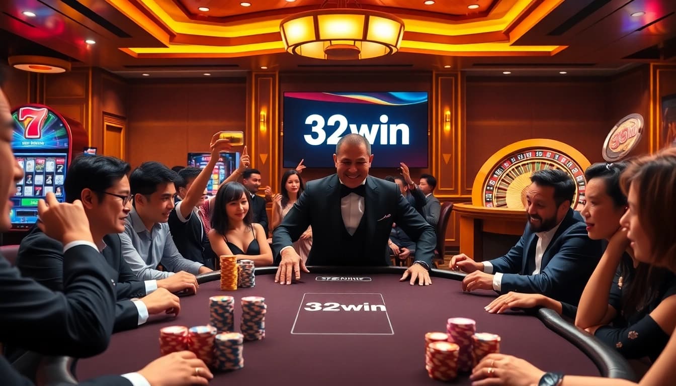 Experience thrilling moments at 32win trang chu with players enjoying roulette tables and slot machines.