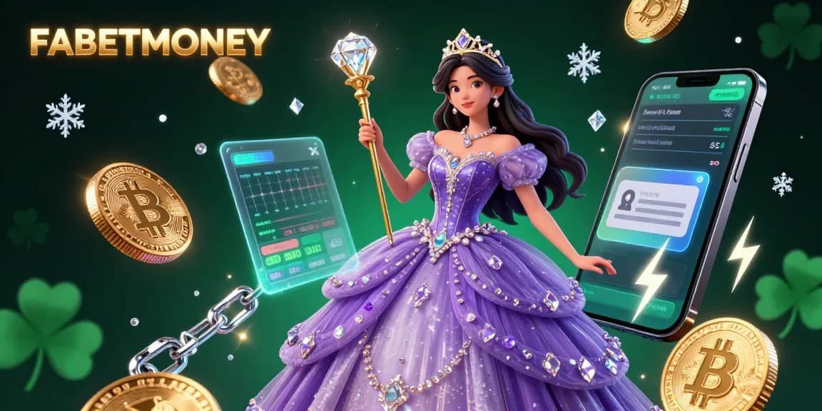 Experience FABETMONEY as the Asian princess holds a diamond-topped scepter amidst vibrant crypto coins in an enchanting casino.