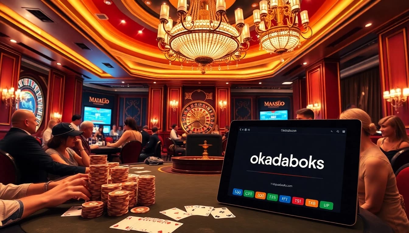 Experience high-stakes excitement at the poker table with https://okadabooks.com/ visible on a tablet.