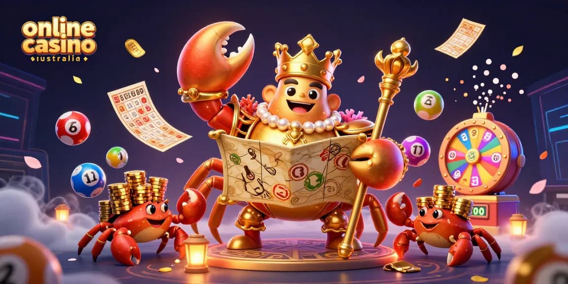 Experience the enchanting world of online casino Australia with a vibrant 3D crab emperor illustration.