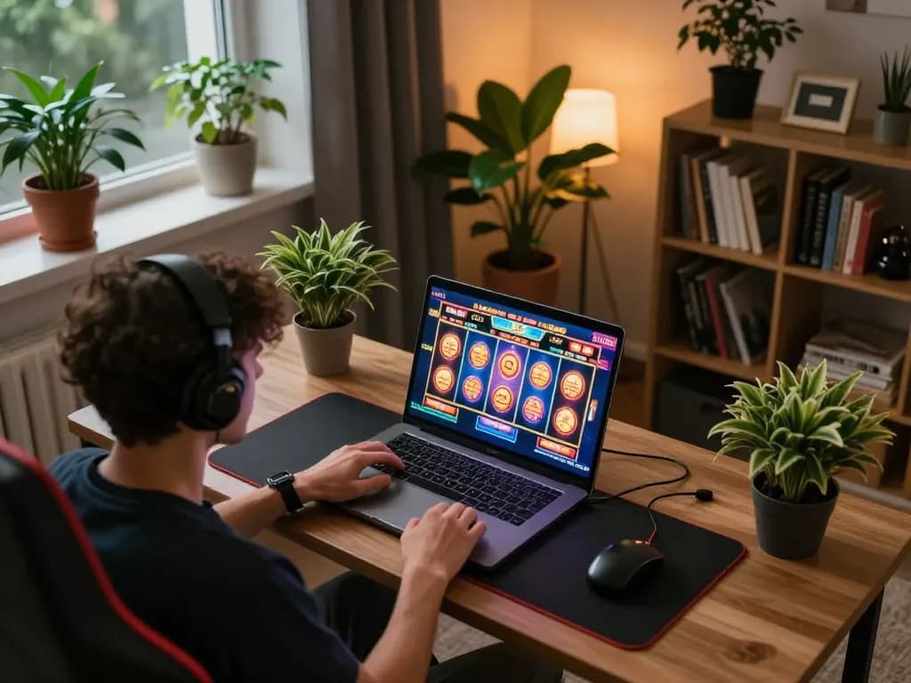 Heed spinadvisor's advice while spinning the reels on a laptop in a cozy home setting.