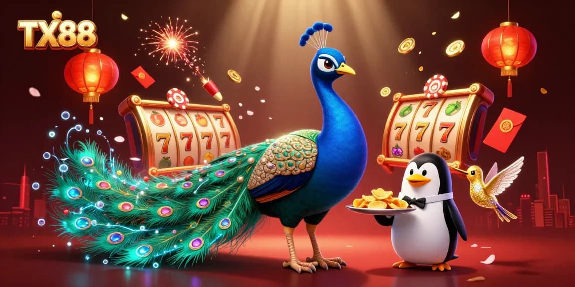 Engage with TX88's thrilling casino experience featuring vibrant 3D characters and dynamic slot elements.