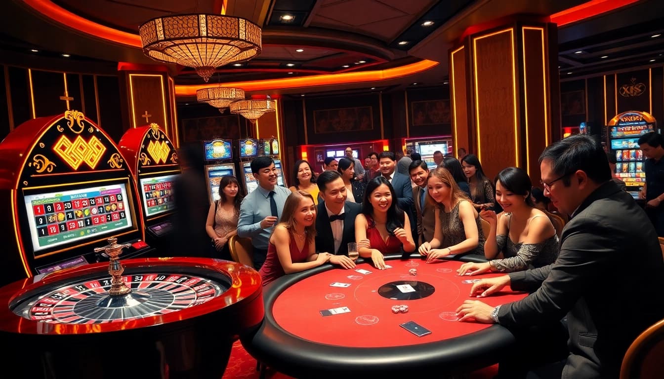 X88 CASINO vibrant gaming scene with roulette wheel, slot machines, and engaged players.