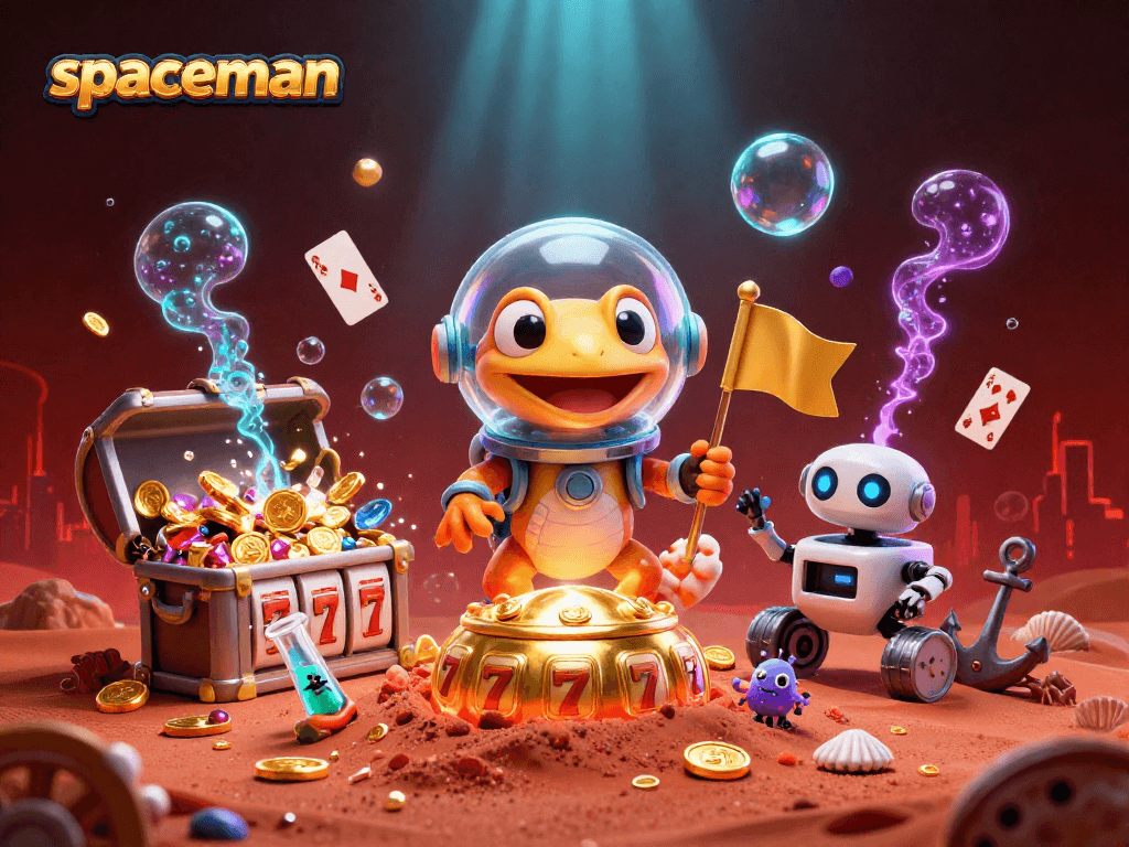 Experience the spaceman adventure in a golden casino, filled with vibrant slot reels and exciting treasures.