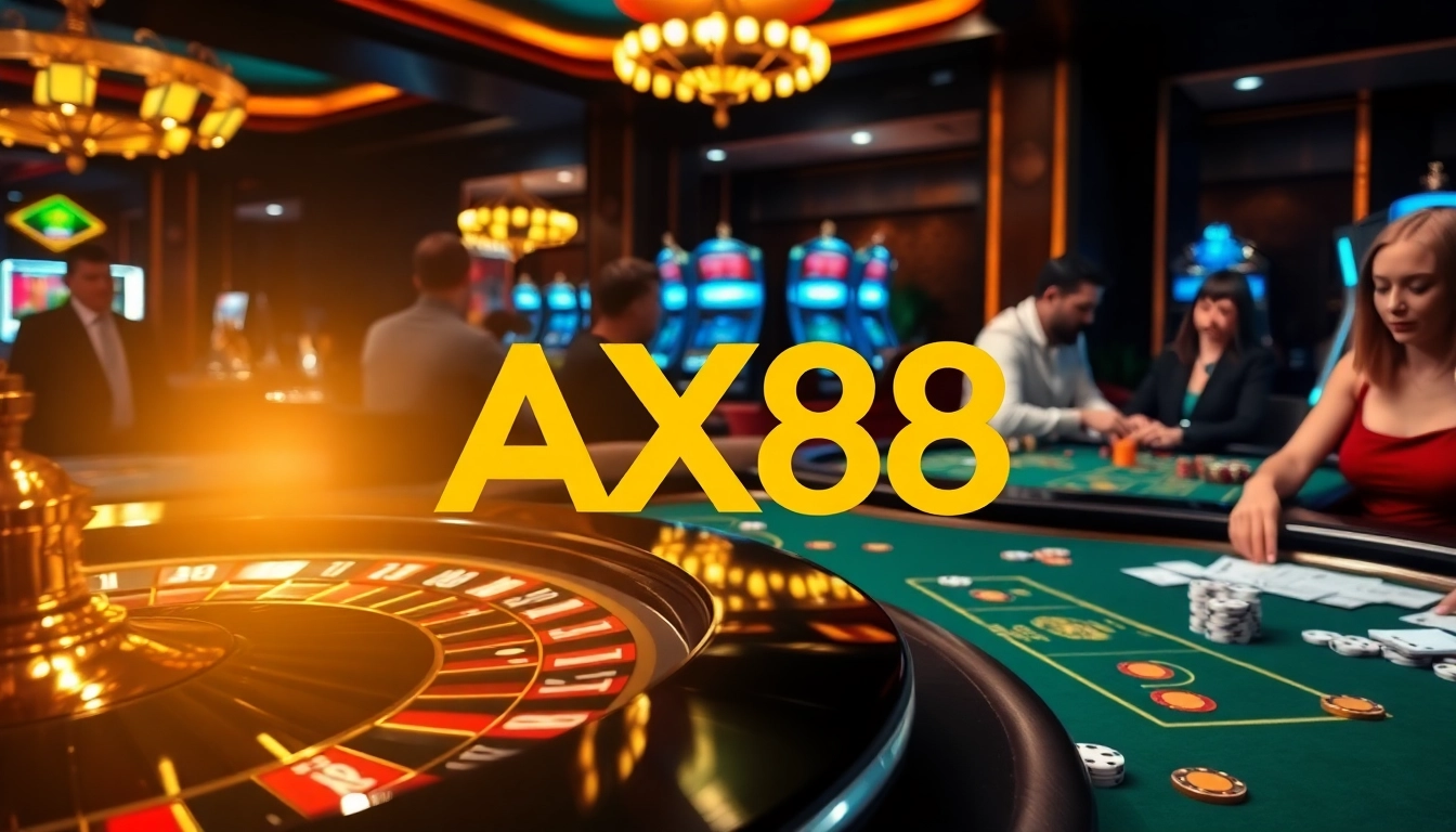 AX88 casino scene featuring vibrant tables, colorful chips, and thrilling poker action.