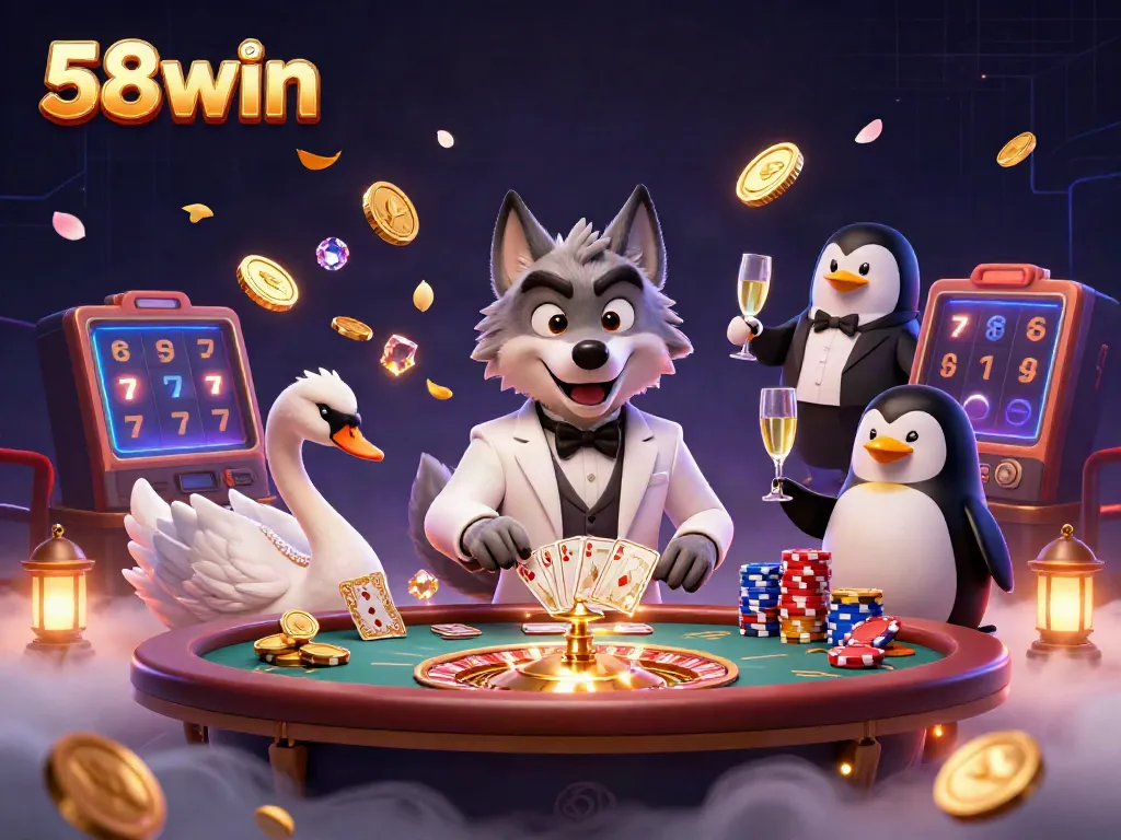 Experience winning moments at 58win with a dazzling baccarat scene featuring a stylish wolf and elegant swan.