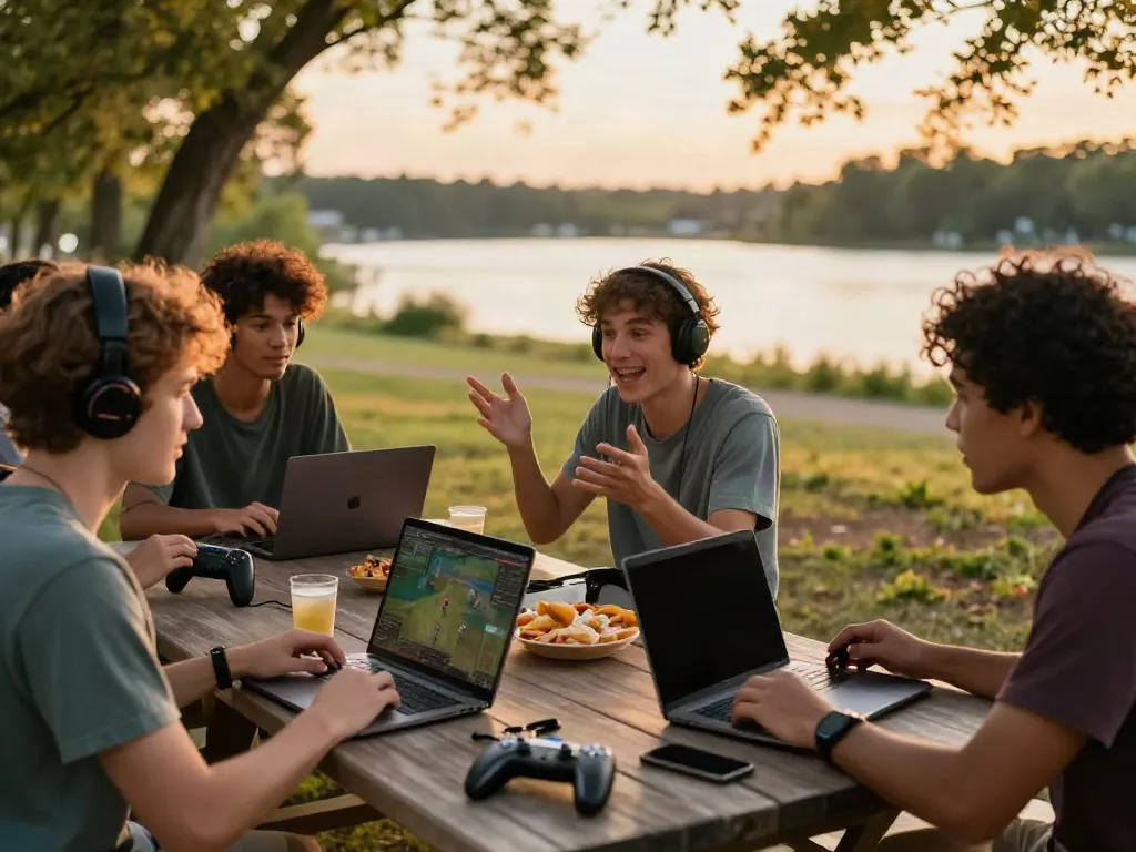 A group of friends enjoying the A80 gaming experience outdoors at sunset with laptops and snacks.