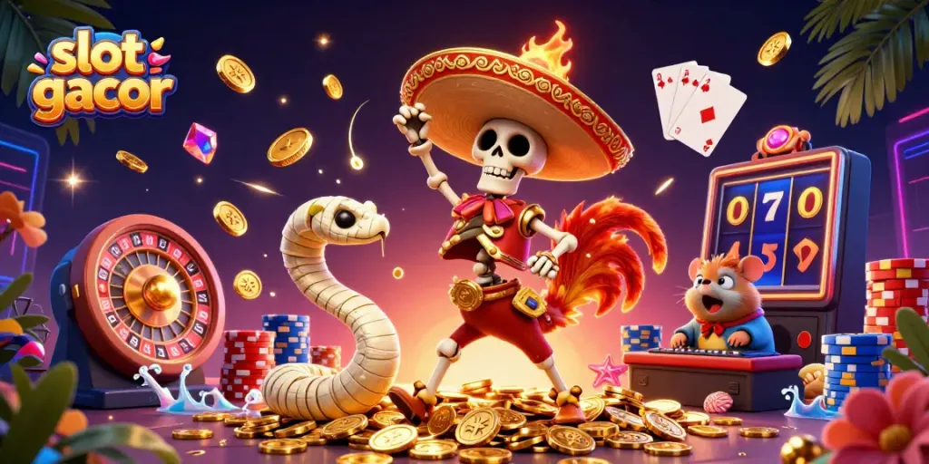 Slot gacor menampilkan skeleton rooster berjoget di tumpukan koin emas, dikelilingi elemen kasino.