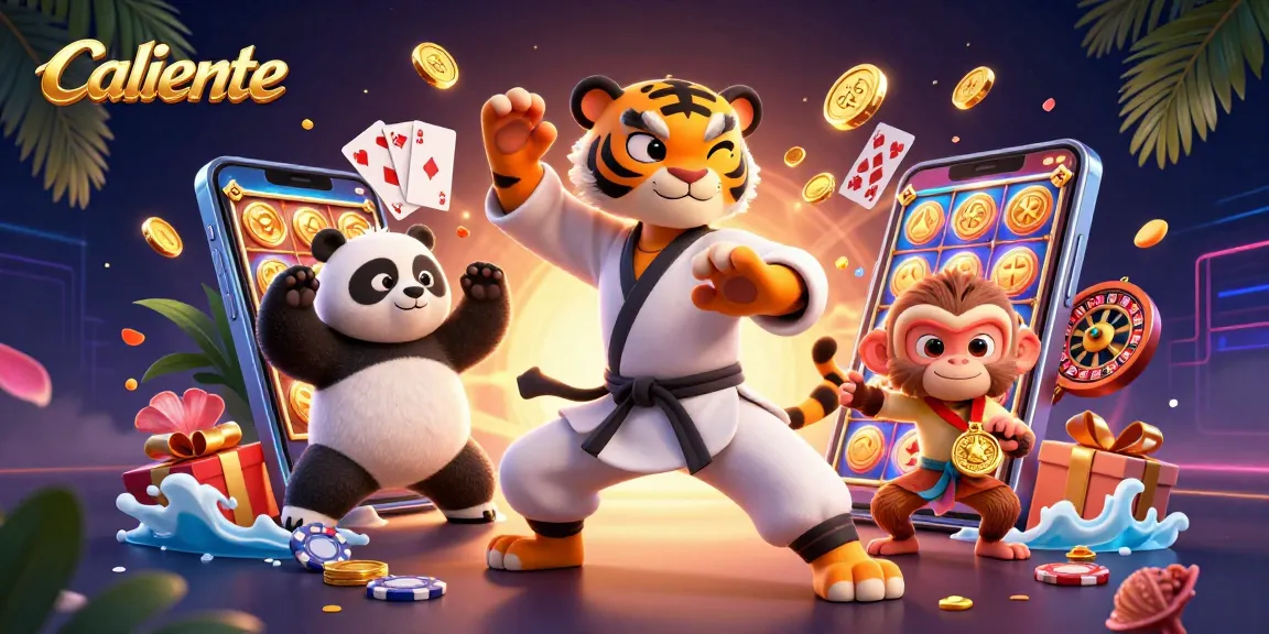 Caliente the online casino features a kung fu tiger and panda in a vibrant, gaming scene.