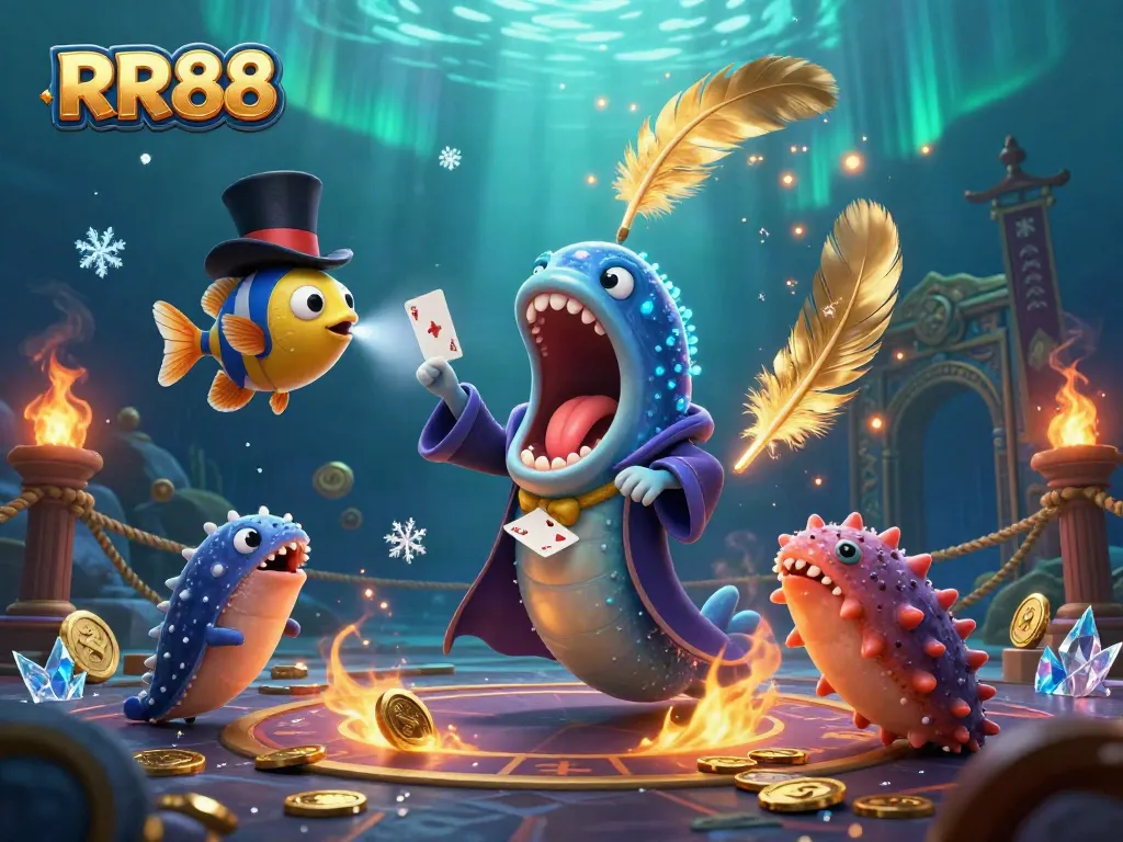 Experience thrilling card tricks with RR88's magical underwater casino performance featuring vibrant sea creatures.