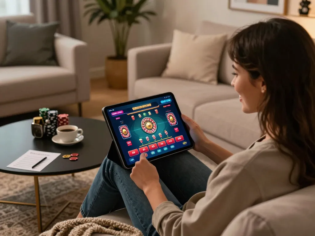 Engaging gameplay on luckindex app while enjoying a cozy home environment with responsible gambling focus.