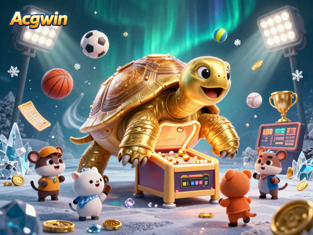 Acgwin captivates players with a vibrant scene of a colossal golden tortoise pinball machine.