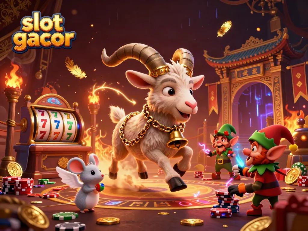 Experience the excitement of slot gacor with a lively casino scene featuring Krampus, an angel mouse, and mischievous gremlins.