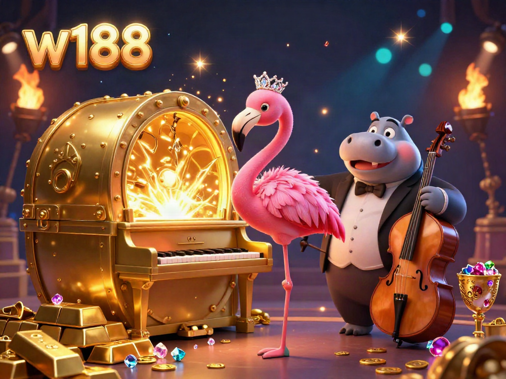 Experience the vibrant casino world of w188 featuring a flamingo singer and hippo bassist amidst golden treasures.