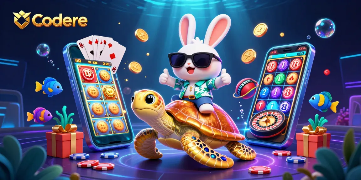 Codere offers exciting gameplay as a lucky rabbit rides a golden turtle amidst vibrant gaming elements.