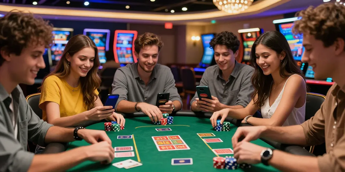 Friends enjoying card games at a casino while exploring CasinoBonusMag.com for the best bonuses