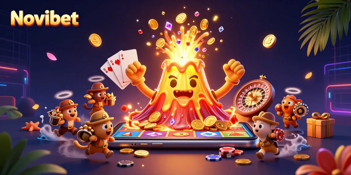 Experience the thrill of Novibet's casino with adventurous treasure-seeking animals amidst erupting gold.