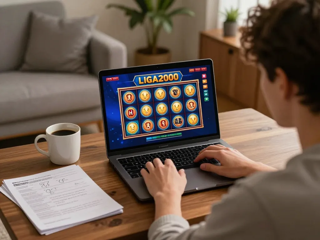 LIGA2000 player engaging in an online slot game on laptop with cozy home setup.