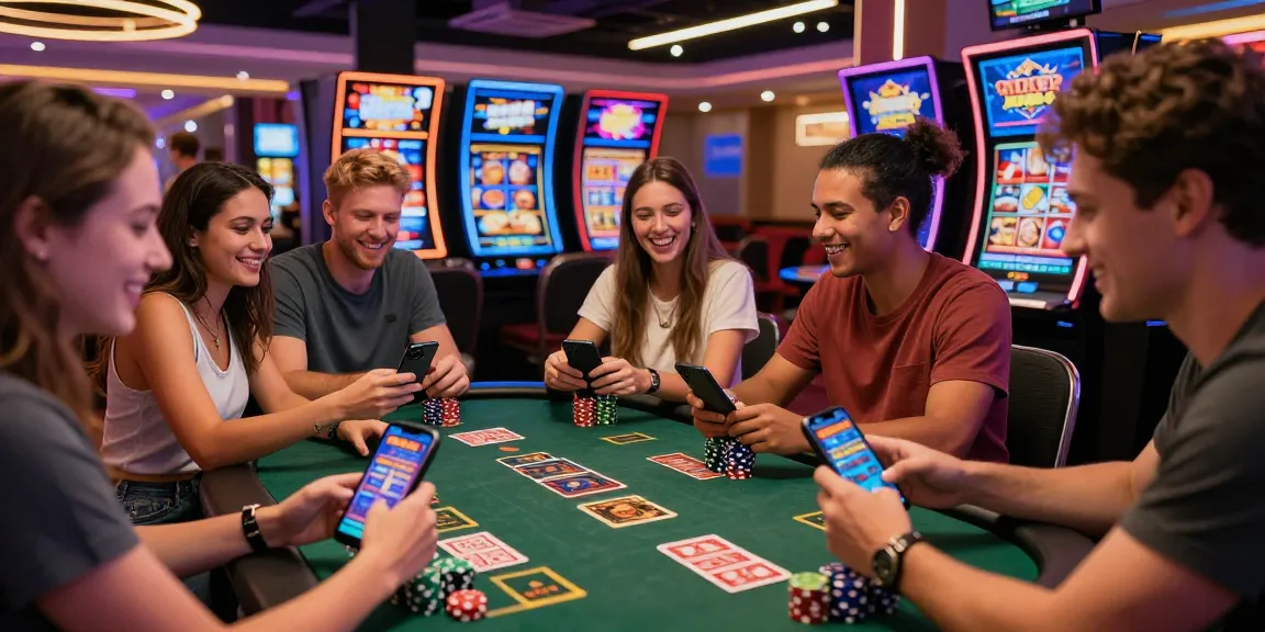 Exciting gaming session at credit card casinos with friends enjoying slots and cards.