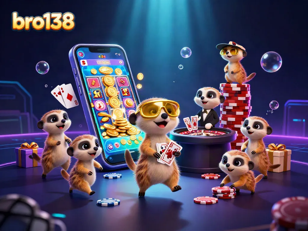 Bro138 meerkats managing an online casino, showcasing dynamic gameplay and vibrant casino elements.